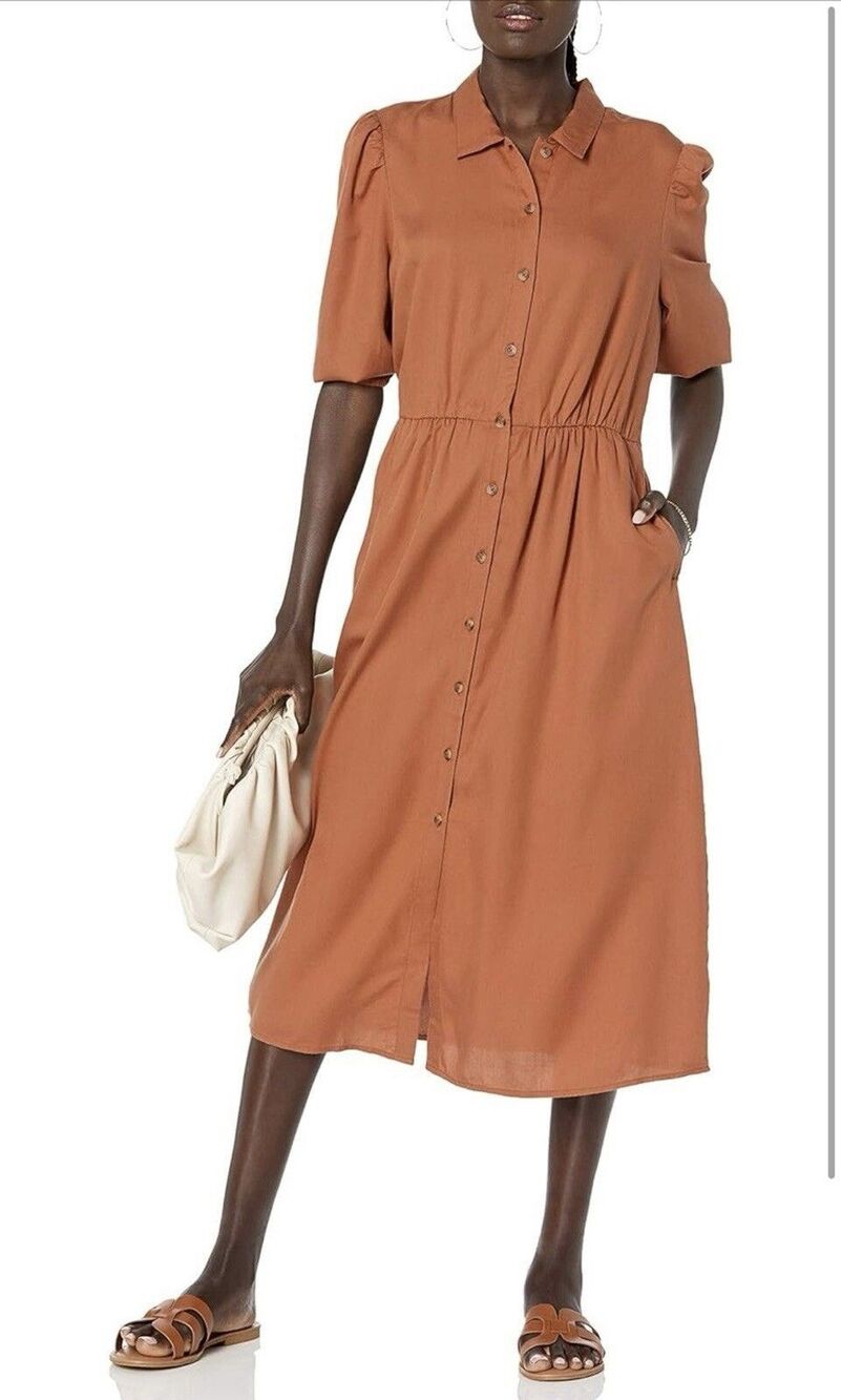 The Drop Ellen Midi Button Up Shirt Dress Puff Sleeve Auburn Size Small NWT - Picture 4 of 6